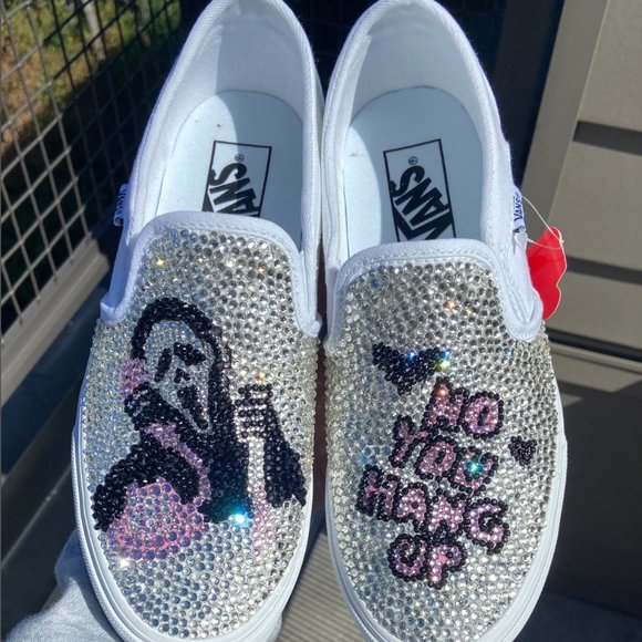 Blinged out Vans, Scream Ghost Face custom Vans slip ons, glass rhinestones  NEW - Picture 1 of 3